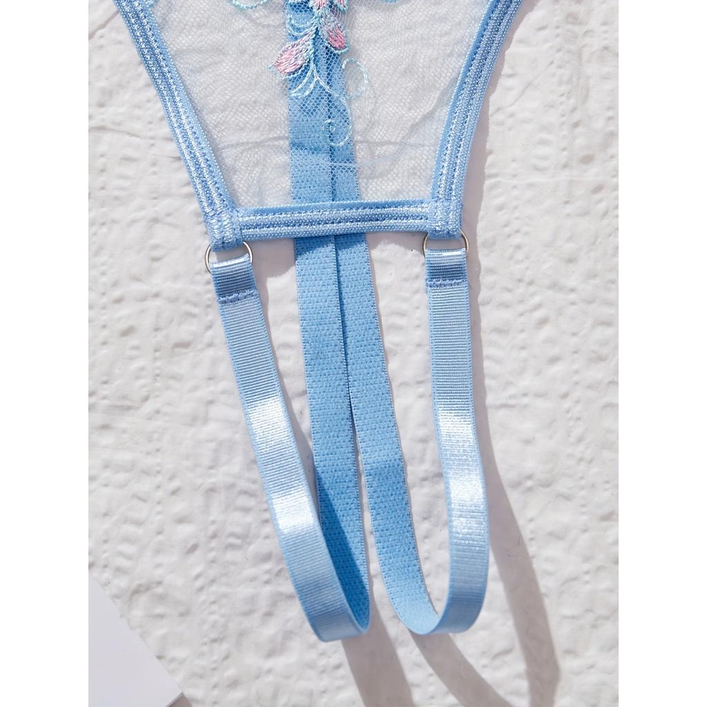 Floral Embroidery Mesh Hollow Out Lingerie Set, Cupless Intimates Bra & Open Crotch Thong, Women's Sexy Lingerie & Underwear