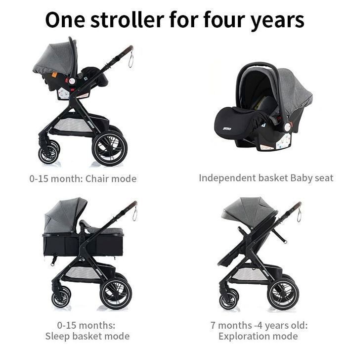 Poussette 3 en 1 Bébé Combinée Siège-Auto Nacelle Trio Réversible Réglable Haute Qualité Roues increvables Canne.NOIR