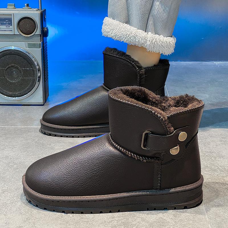 Winter Leather Waterproof Snow Boots Men's Cotton Shoes Non-slip and Warm Thickened Velvet Short Tube Thick-soled Comfortable Men's Cotton Boots
