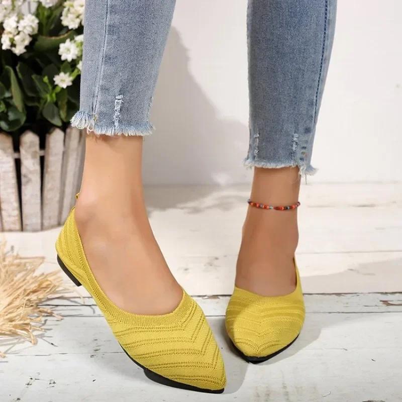 Pointed Toe Flat Shoes Solid Color Knitted Women'S Shoes Casual Breathable Ballet  De Mujer Flats Women Loafers Sneakers