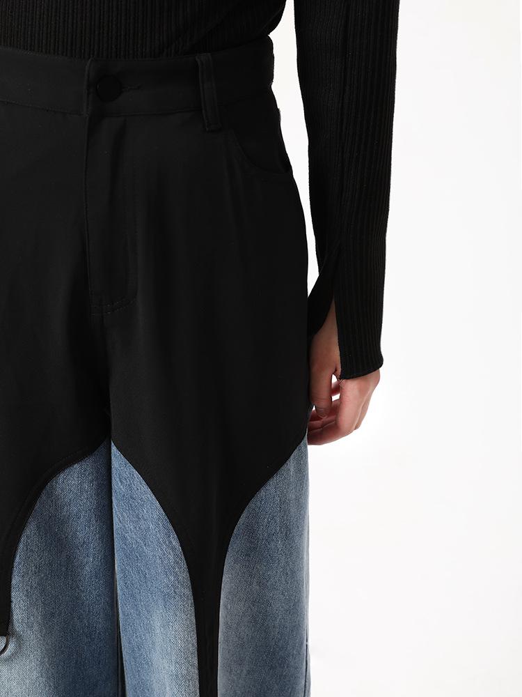 Herbst Europäischer Amerikanischer Stil Schwarz Blau Unregelmäßiger Patchwork Weiter Bein Laufsteg Jeans für Damen