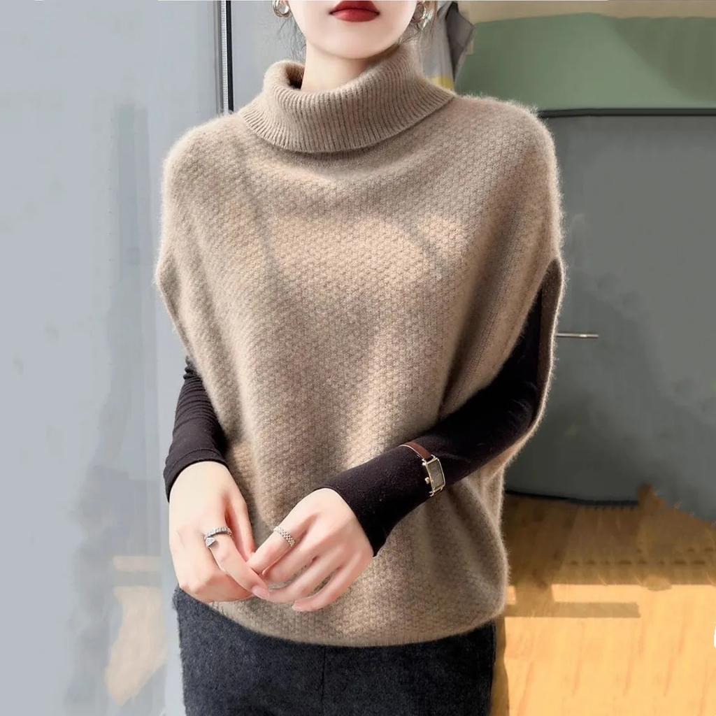 Women's Autumn and Winter Solid Color Short Knit Bat Sleeve Top High Neck Commuter Sweater