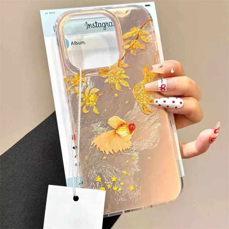 Pevný obal na telefon s texturou zlaté rybky z padlého listí pro IPhone 16 Pro Max 15 14 13 12 11 XS XR X 7 8 16 Plus Nárazuvzdorný kryt
