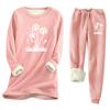 Women's Print Round Neck Warm Suit Long Sleeve Fleece Drawstring Sweatpants Two-Piece Set