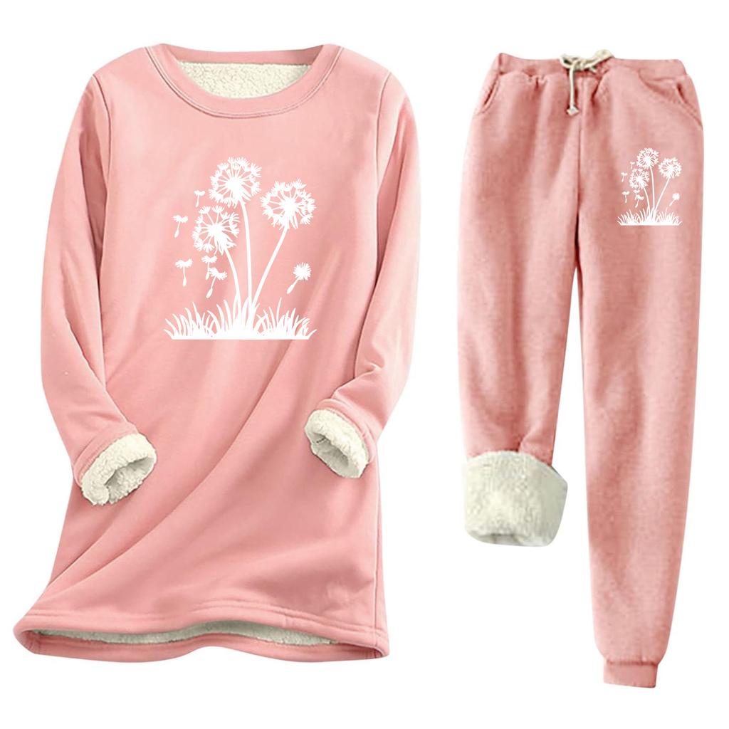 Women's Print Round Neck Warm Suit Long Sleeve Fleece Drawstring Sweatpants Two-Piece Set