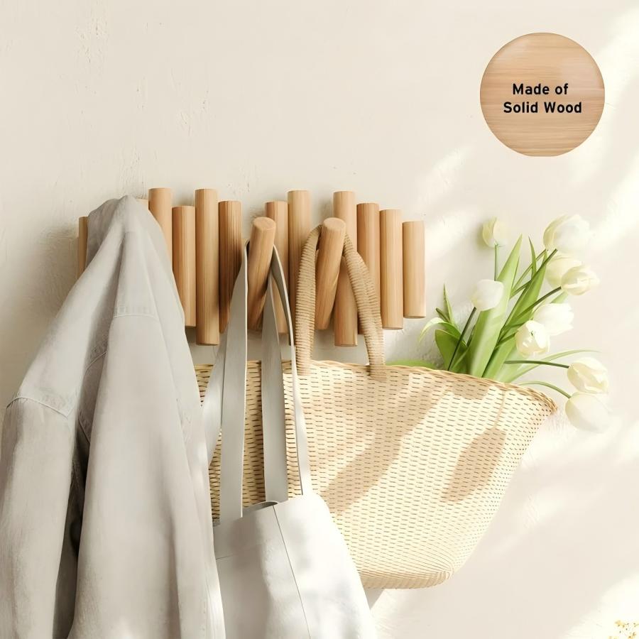 Wall-Mounted Coat Rack Rail Hook with 5 Retractable Wood Pegs – Modern, Space-Saving Storage Organizer,Aged Walnut