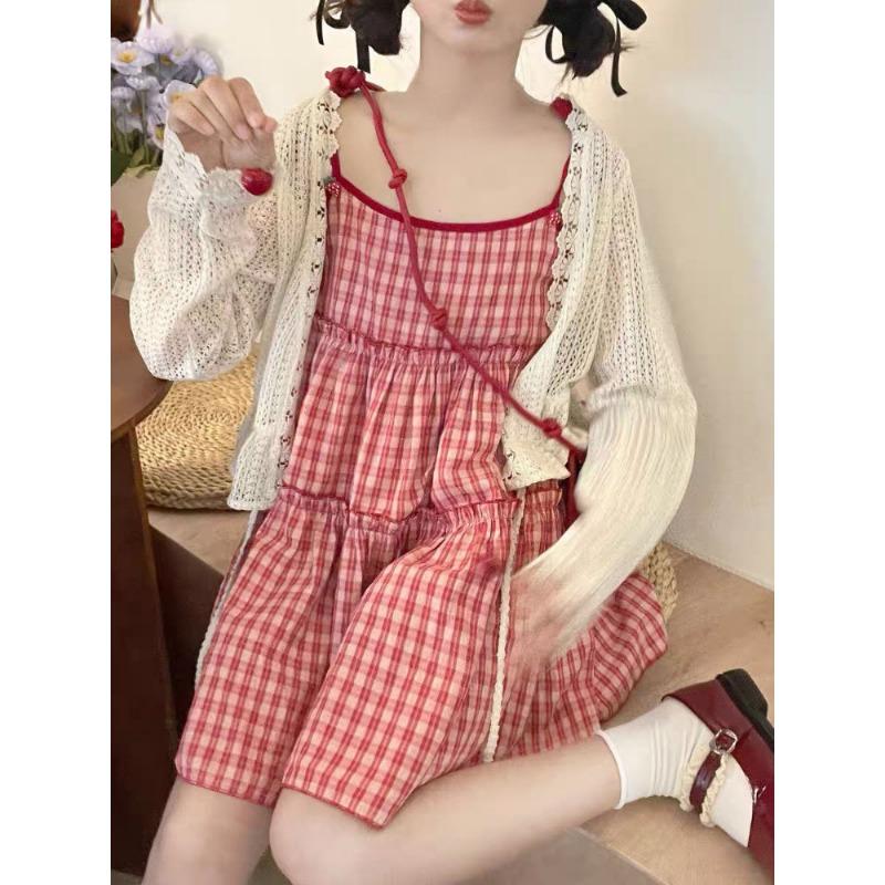 Japanese Kawaii Lolita Dress Women Sweet Red Plaid Party Mini Dress Female Korean Fashion Loose Y2k Princess Dress New In Autumn