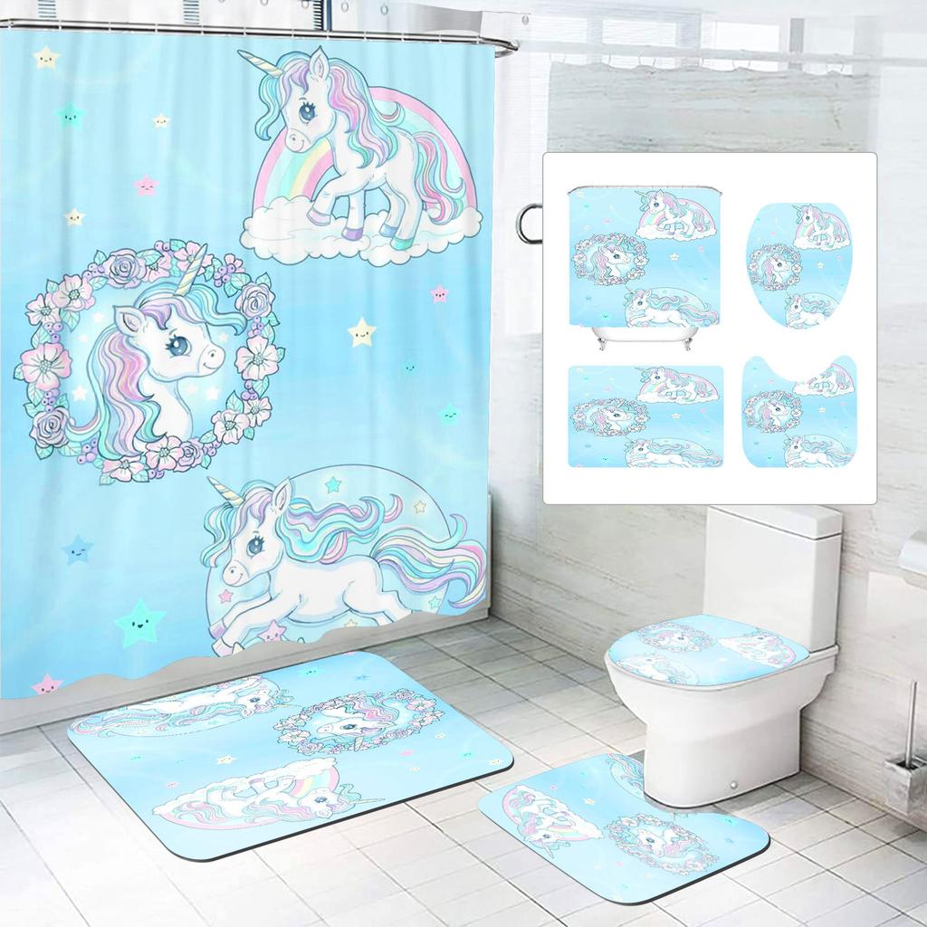 Unicorn Curtain Waterproof Bathroom Accessories 4 Piece Set Mats Home Curtains Decor Luxury Toilet Accessories