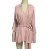 Summer Ruffle Long Sleeve Dress for Women Casual V Neck A-line Swing Mini Dress with Belt Irregular Vacation Dress
