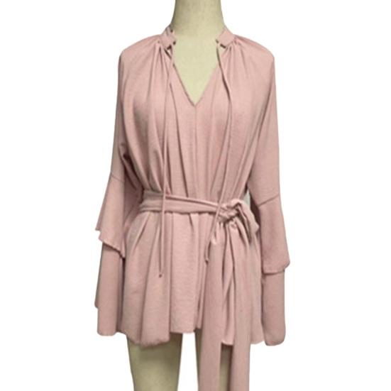 Summer Ruffle Long Sleeve Dress for Women Casual V Neck A-line Swing Mini Dress with Belt Irregular Vacation Dress