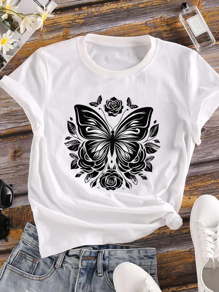 (Asian Size) Printed Female Top T Shirt letter flower Clothing Lady o-neck Short Sleeve T-shirts Casual Fashion Women Graphic Tee