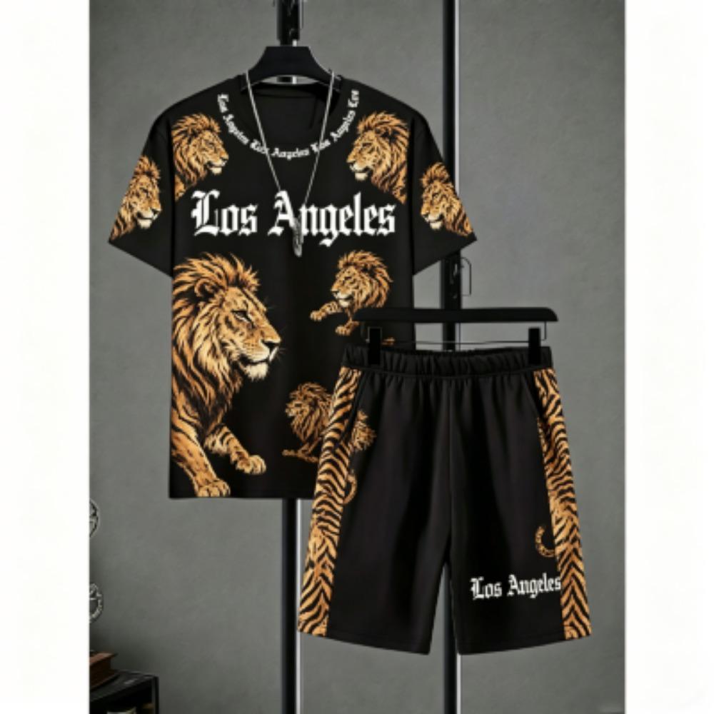 Fashion Men's Set Animal Tiger Lion Printed Men's T-shirt and Shorts 2 Piece Set Summer Casual Outdoor Men's and Women's T-shirt Sets