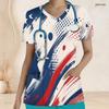 Women Plus Size Red Blue White Printed Nurse Scrub Top V Neck Short Sleeve With Front Pockets