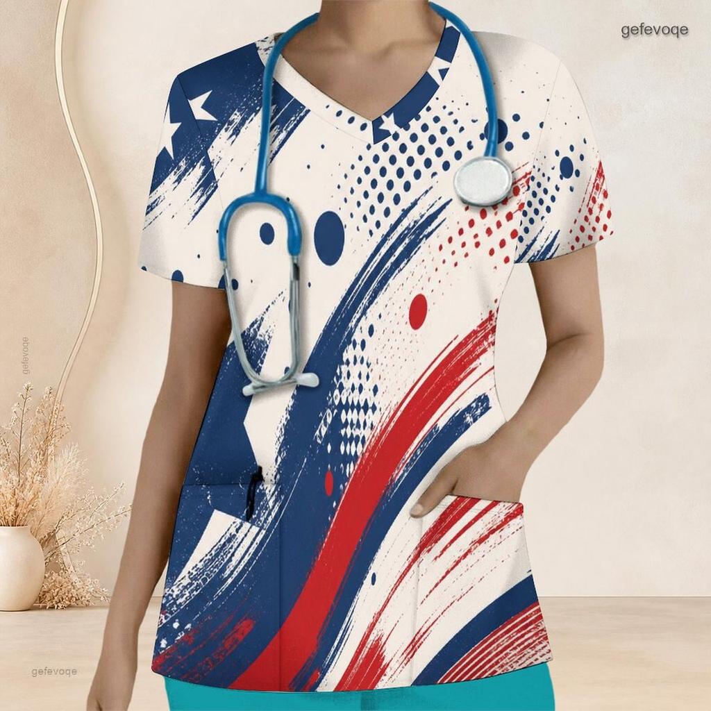 Women Plus Size Red Blue White Printed Nurse Scrub Top V Neck Short Sleeve With Front Pockets