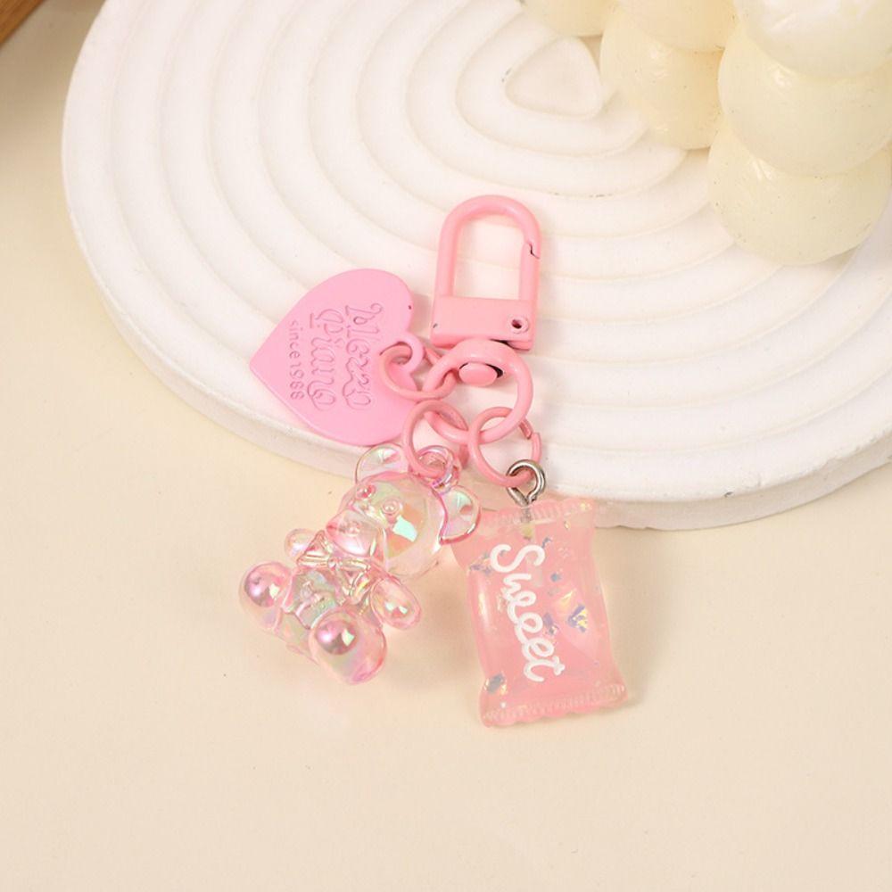 Candy Color Bling Heart Bear Key Ring Transparent Lovely Bag Pendant  for Friend