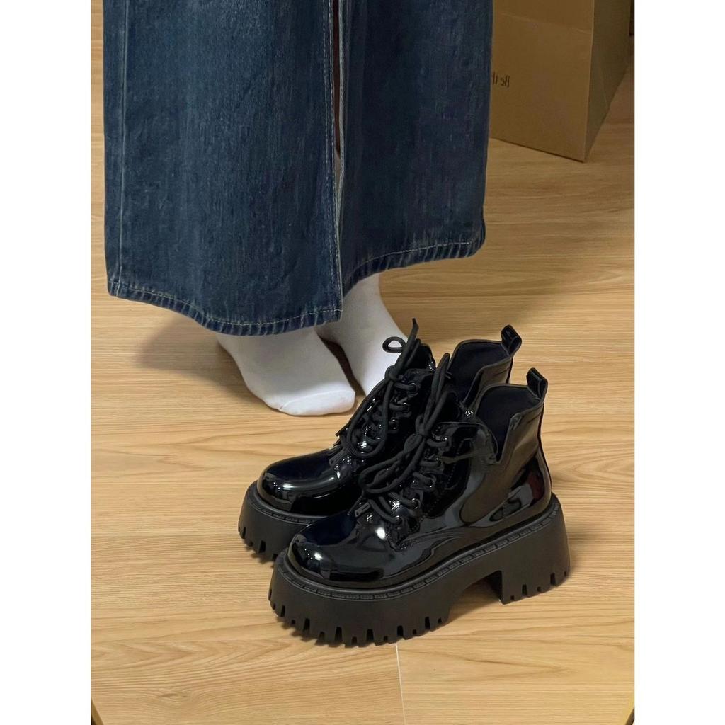 Black Patent Leather Martin Boots Women's 2025 Autumn New British Style Thick-soled Heightened Popular Locomotive Boots Retro Short Boots