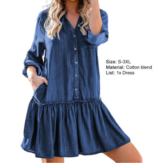 V-Ausschnitt Einreihiges Denim-Kleid Aufkrempelärmel Rüschensaum Einfarbiges Mini-Kleid Streetwear