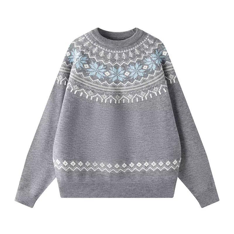 Ретро жаккардовый круглый вырез свитер Fair Isle - Свободный крой для пар, осенне-зимний повседневный базовый слой 2XL