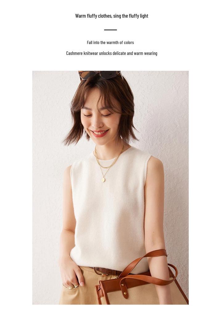 Women's 100% Cashmere Sleeveless Knit Camisole - Round Neck Base Layer Sweater.