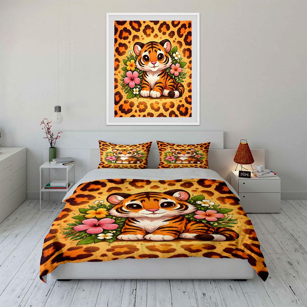 Cute Tiger With Floral Background Bedding Set For Kids Luxury Gift 3Pcs Digital Print Comforter Set Soft Comfortable Breathable