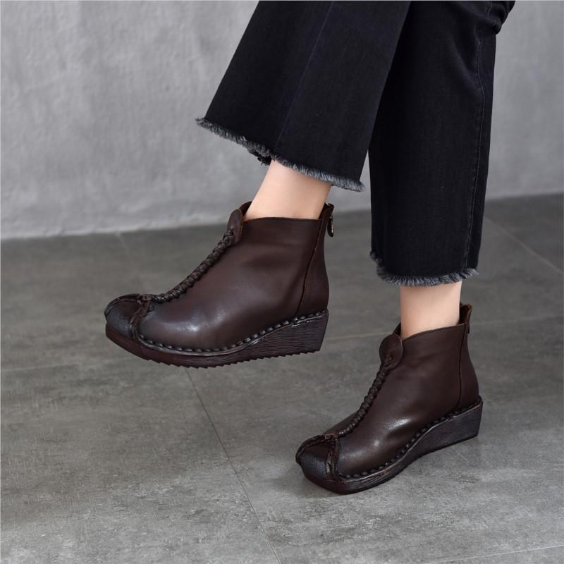 Johnature Versatile Genuine Leather Women's Wedges Shoes Retro Cowhide Soft Soled Short Boots