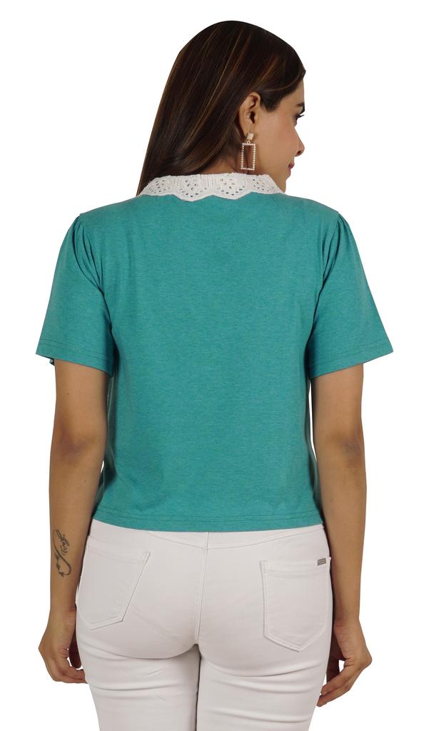 Moomaya Dámský top s krajkovým límečkem Petra Pana, hladký žerzejový krátký ležérní T-shirt