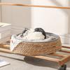 Handgeflochtenes Rattan Katzenbett für Wohnungskatzen - Rundes Haustiernest mit Kratzfläche Braun Groß 40cm X 11cm