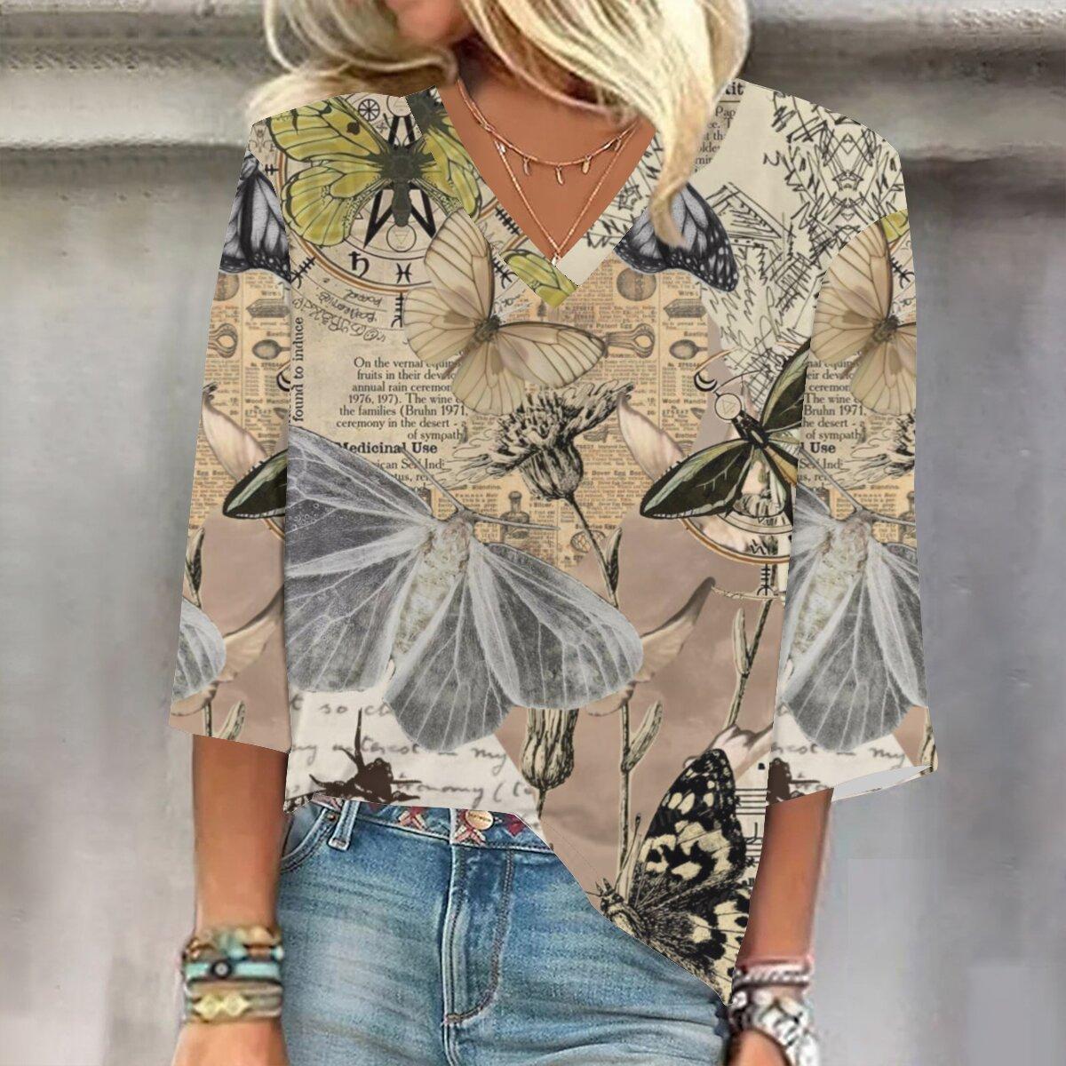 

2023 Весенне-осенний новый модный топ с рукавом 3/4 и принтом