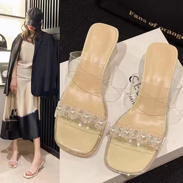

Летние прозрачные женские тапочки с квадратным носком, женские босоножки с блестками, стразами и жемчугом, удобные элегантные тапочки 42 светло-желтого