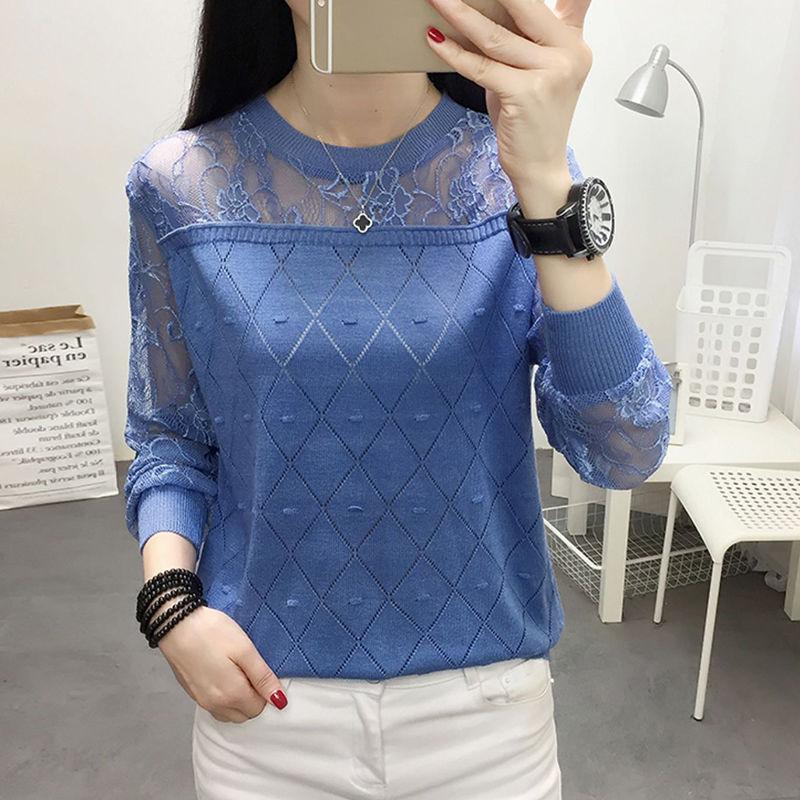 Lace Base Shirt Women's T-shirt Long Sleeved Loose and Versatile Spring Knitwear Women's Thin Top