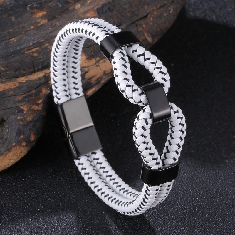 

New Style Men Leather Bracelet Double Layer Design Accessory Stainless Steel Fashion Man Jewelry 165mm білий