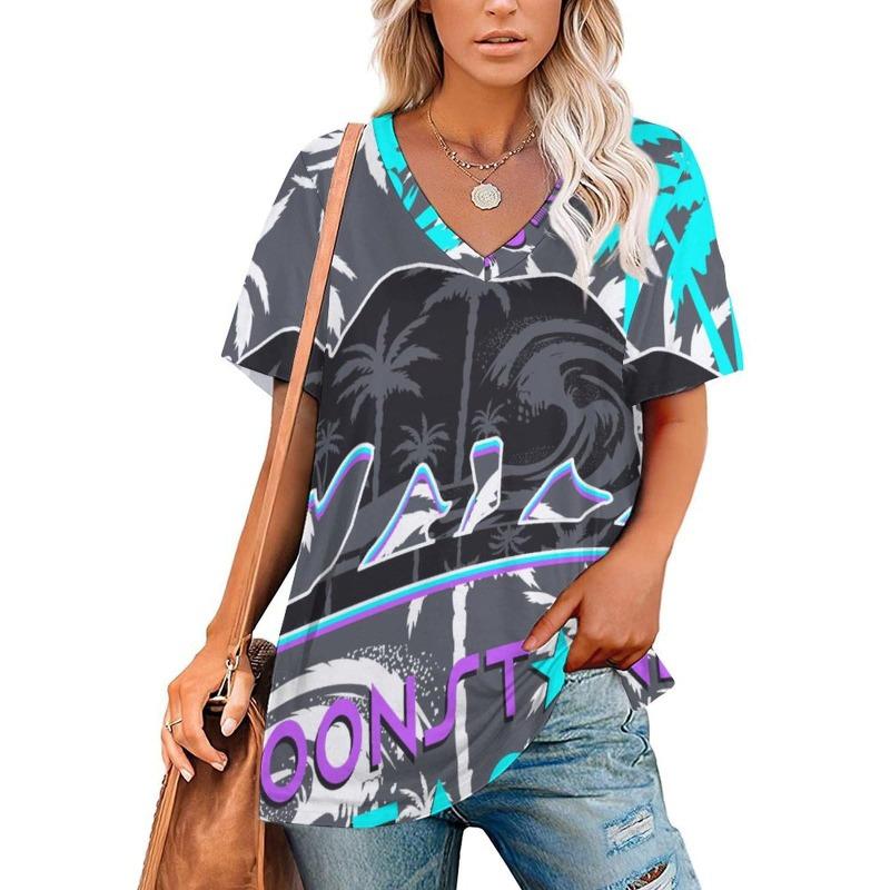 Sommermode 3D Floral bedruckte T-Shirts Damenbekleidung T-Shirt Tops Damen Casual Kurzarm V-Ausschnitt Tops Lockere Bluse