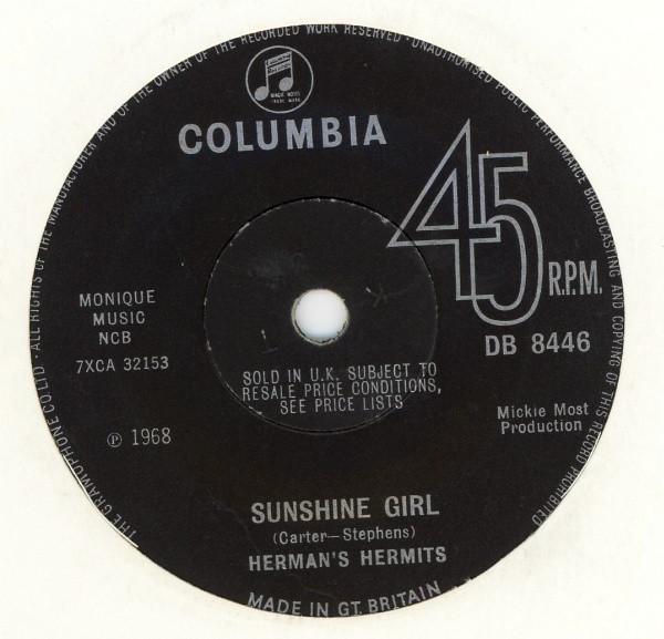 

7inch Record HERMAN S HERMITS - Sunshine Girl DB8446 Columbia 1968 UK Rock Used