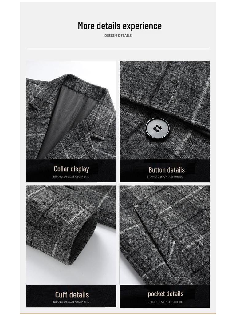 Pánský vlněný kostkovaný kabát střední délky pro podzim/zimu - Business Casual, s příměsí bavlny, zesílený.