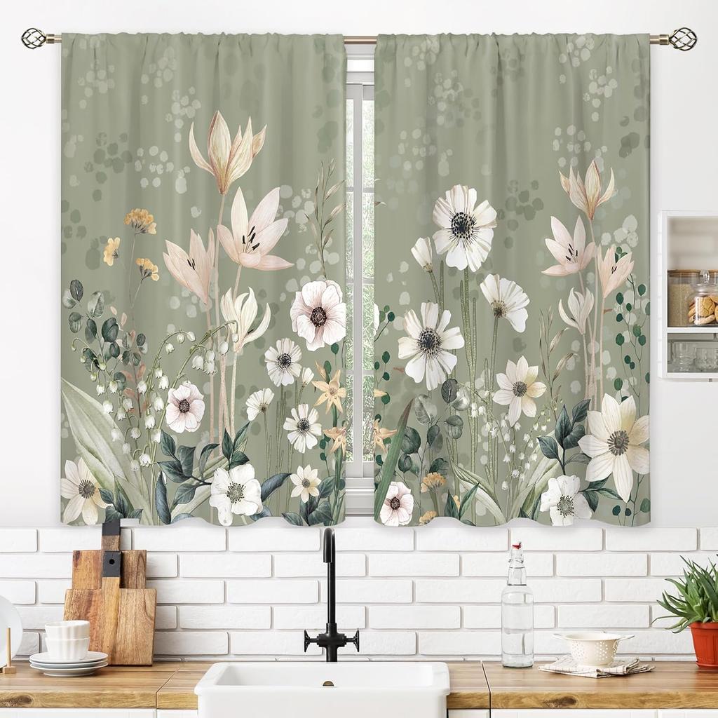 Green Boho Flower Small Kitchen Curtains Flower Plant Window Treatment Botanical Herb Chic Rod Pocket Cafe Short Window Curtains for Bathroom Dining