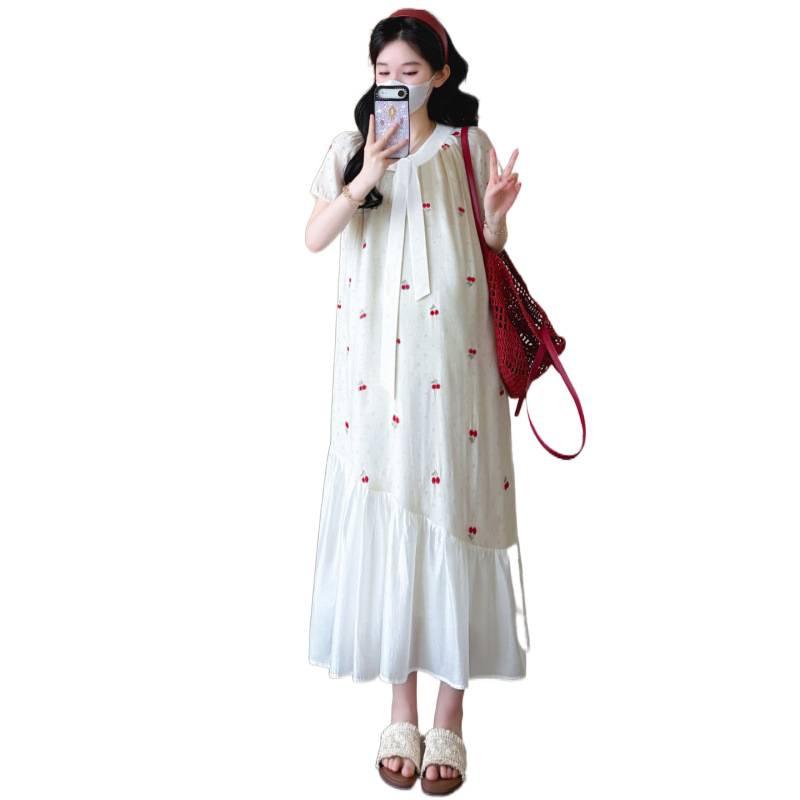2026 Summer Korean Style Cherry Embroidery Ribbon Maternity Dress - Fashionable and Age-Defying