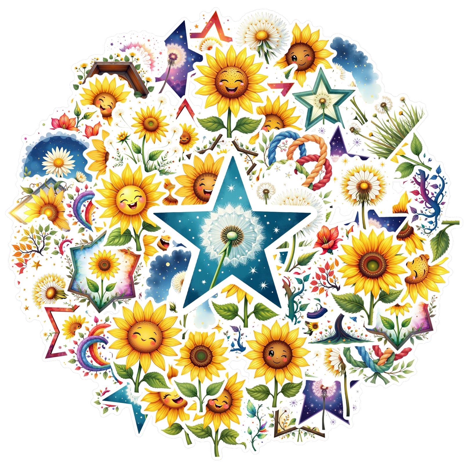 35pcs-200pcs Whimsical Star Stickers Cartoon Sunflower Stationery Stickers Stickers For Phone Guitar