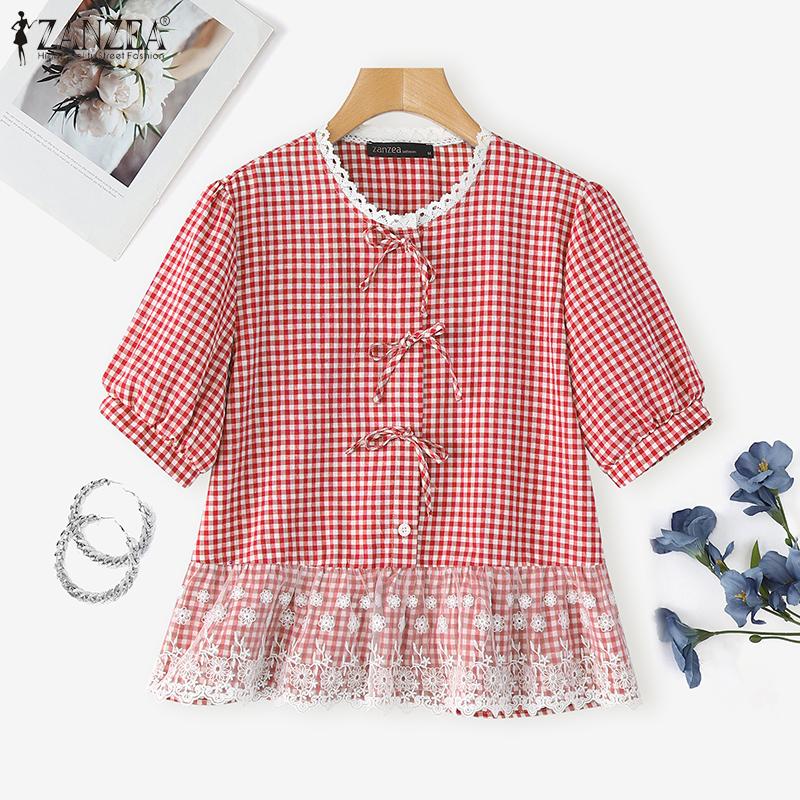 ZANZEA Women Summer Round Neck Lace Patchwork Plaid Casual Ruffled Blouse