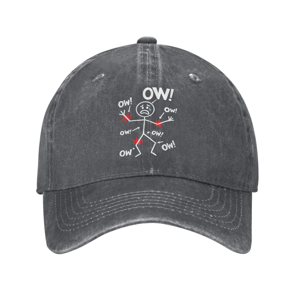 Ow Ow Ow Stick Figure Humor Baseball Caps Retro Distressed Denim Washed Chronic Pain Awareness Snapback Unisex Adjustable Hat