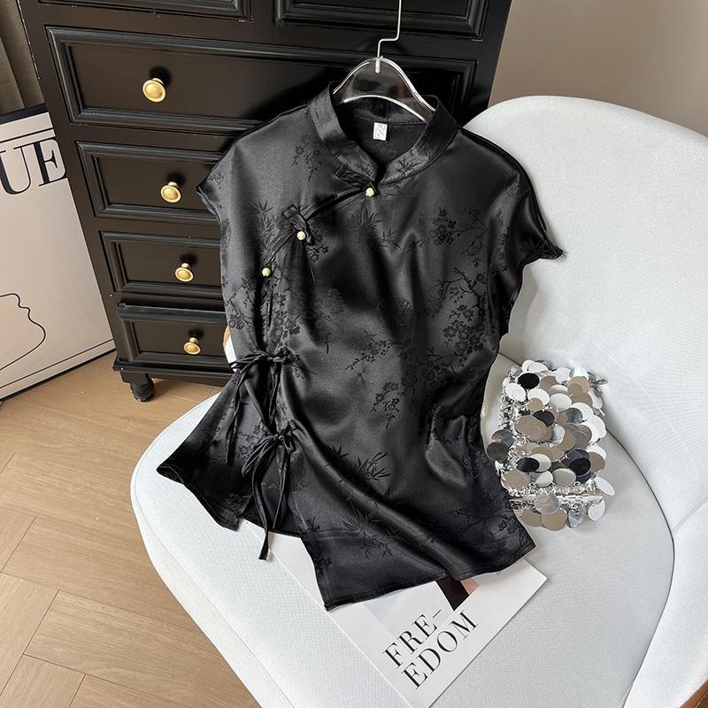 

Дизайнерская черная жаккардовая рубашка с воротником-стойкой, с диагональным коротким рукавом, летняя, роскошная, новая 3XL ([Recommended 138-75kg]) чёрный