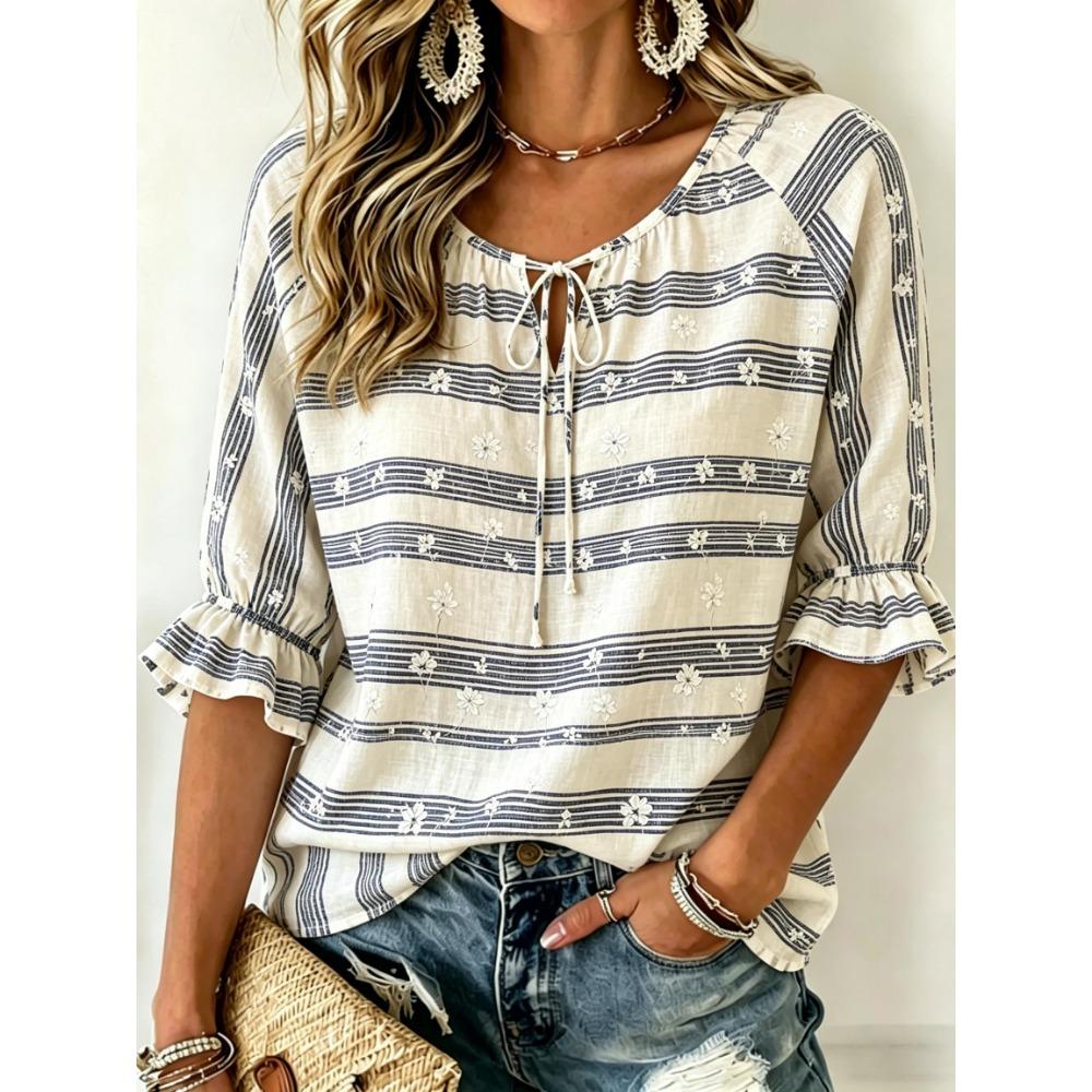 Women's Watercolor Pink Peony Print Blouse V Neck Tie Ruffle 3/4 Sleeve Cotton Linen Summer Elegant Casual Top