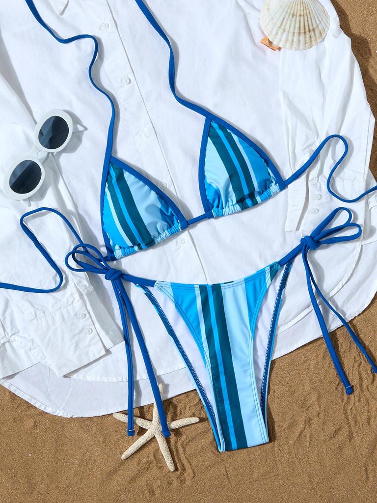Gestreifter Print Krawatten-Dreieck Sexy geteilter Bikini Badeanzug für Damen