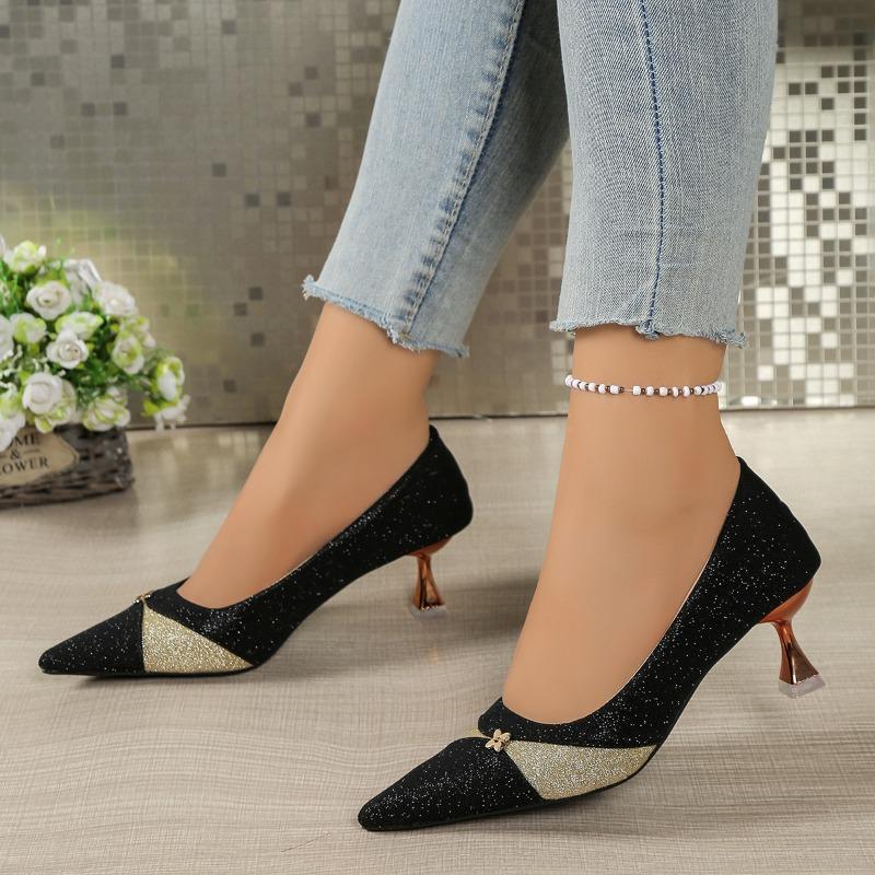 Fashion Fashion Banquet Stiletto Single Shoes Autumn New Pointed Toe Light Mouth Sequin Color Block Slip-On Heels