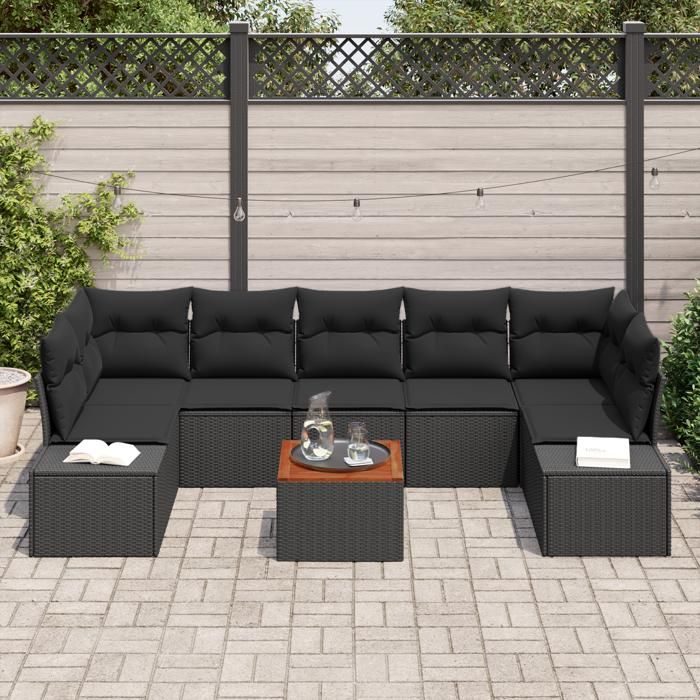VidaXL Set de Canapé de Jardin 8 Pièces avec Coussins Noir Poly Rattan Acacia 3356595
