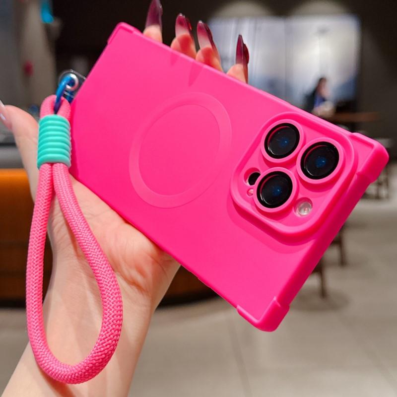 Matte Soft Silicone Square Shockproof Case for iPhone 16 15 14 Plus 13 Pro Max Magnetic Wireless Charge Lanyard Rope Strap Cover