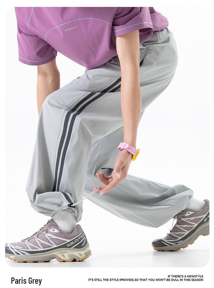 Men's American Outdoor Striped Drawstring Wide-Leg Summer Pants - Breathable, Loose, Straight-leg, Casual Sportswear