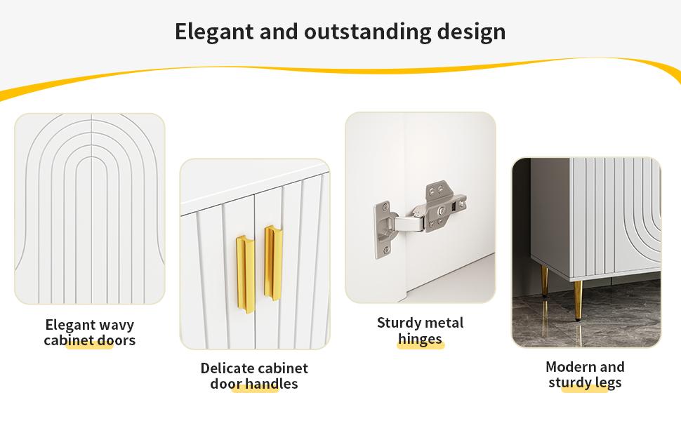 White Sideboard (152 X 40 X 75 Cm) with Unique Wave Design and Golden Handles and Feet for an Elegant Dining Area