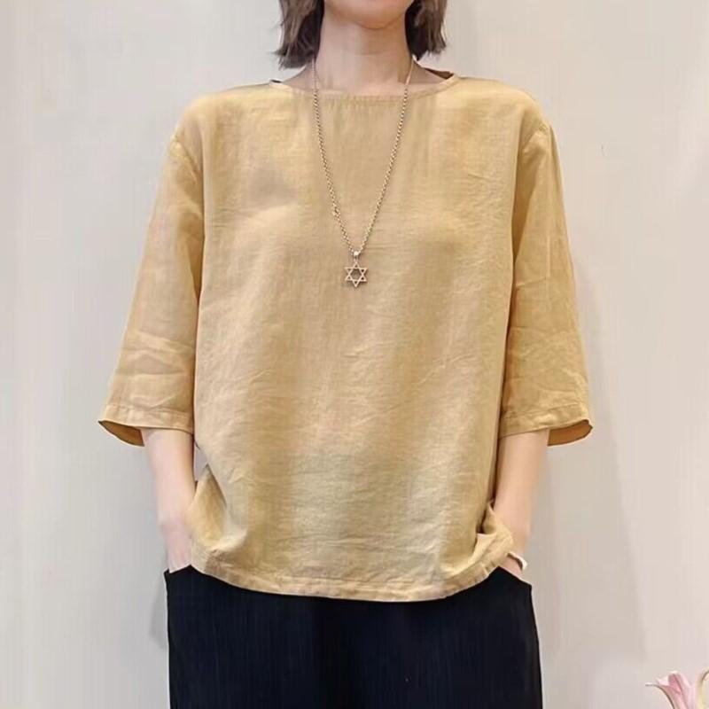 Johnature Women Casual T-Shirts O-Neck Seven Sleeve Solid Color Summer Loose Women Soft T-Shirts