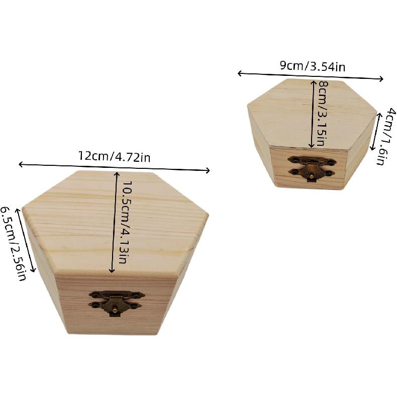 2 Pack Plain Unfinished Wooden Box, Hexagon Unpainted Wooden Jewellry Box DIY Storage Chest Treasure Case for Home Table Decoration