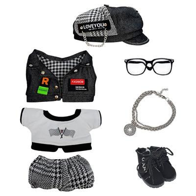 Niannyyhouse 15cm Plush Clothes Set: Hat, Vest, T-Shirt, Shorts, Glasses, Necklace, Shoes, Loose Fit Cotton Doll Clothes (Black, 15cm)